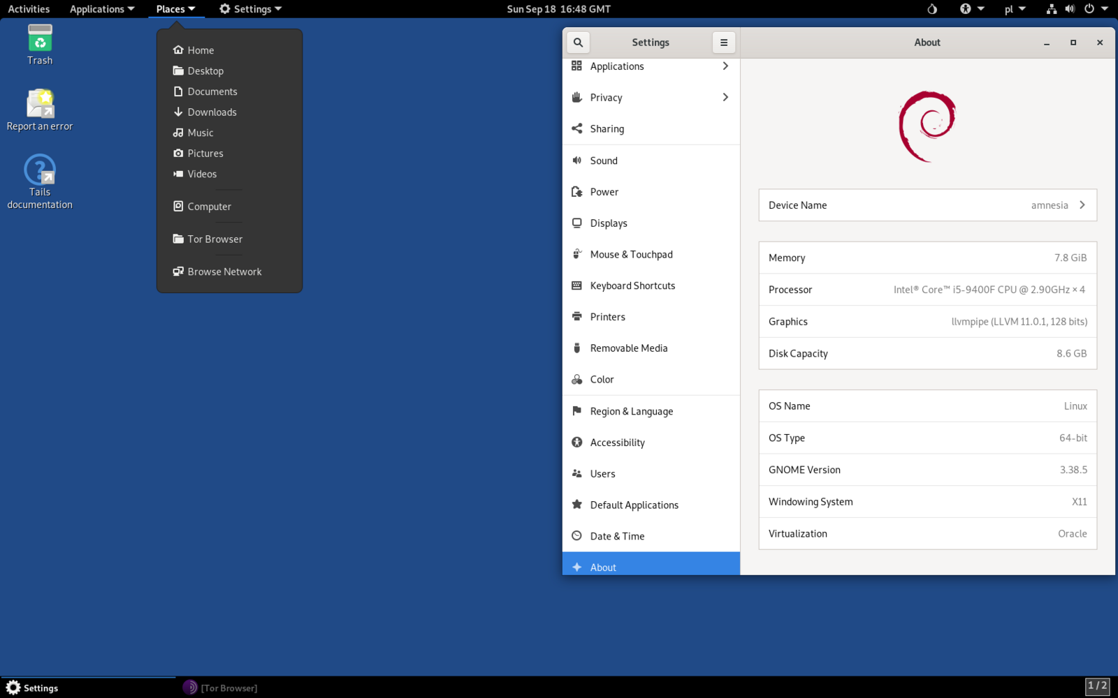 Tails 5.4 desktop with Tor Browser in the taskbar and the Places menu open, showing the amnesic live-USB environment