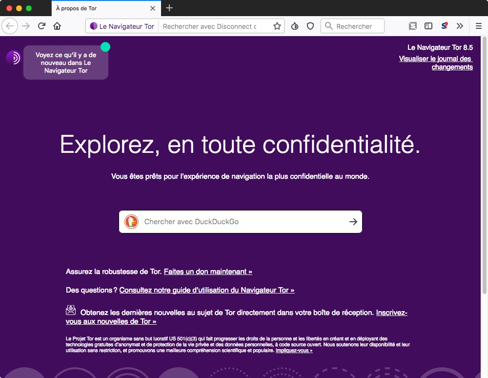Tor Browser startup page showing the &ldquo;Tor circuit ready&rdquo; indicator and the standardised user-agent string