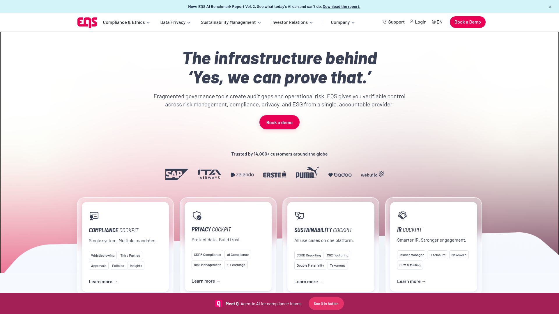 EQS bundles its Integrity Line whistleblowing tool into a wider compliance and governance platform The EQS homepage shown in a desktop browser at HD resolution