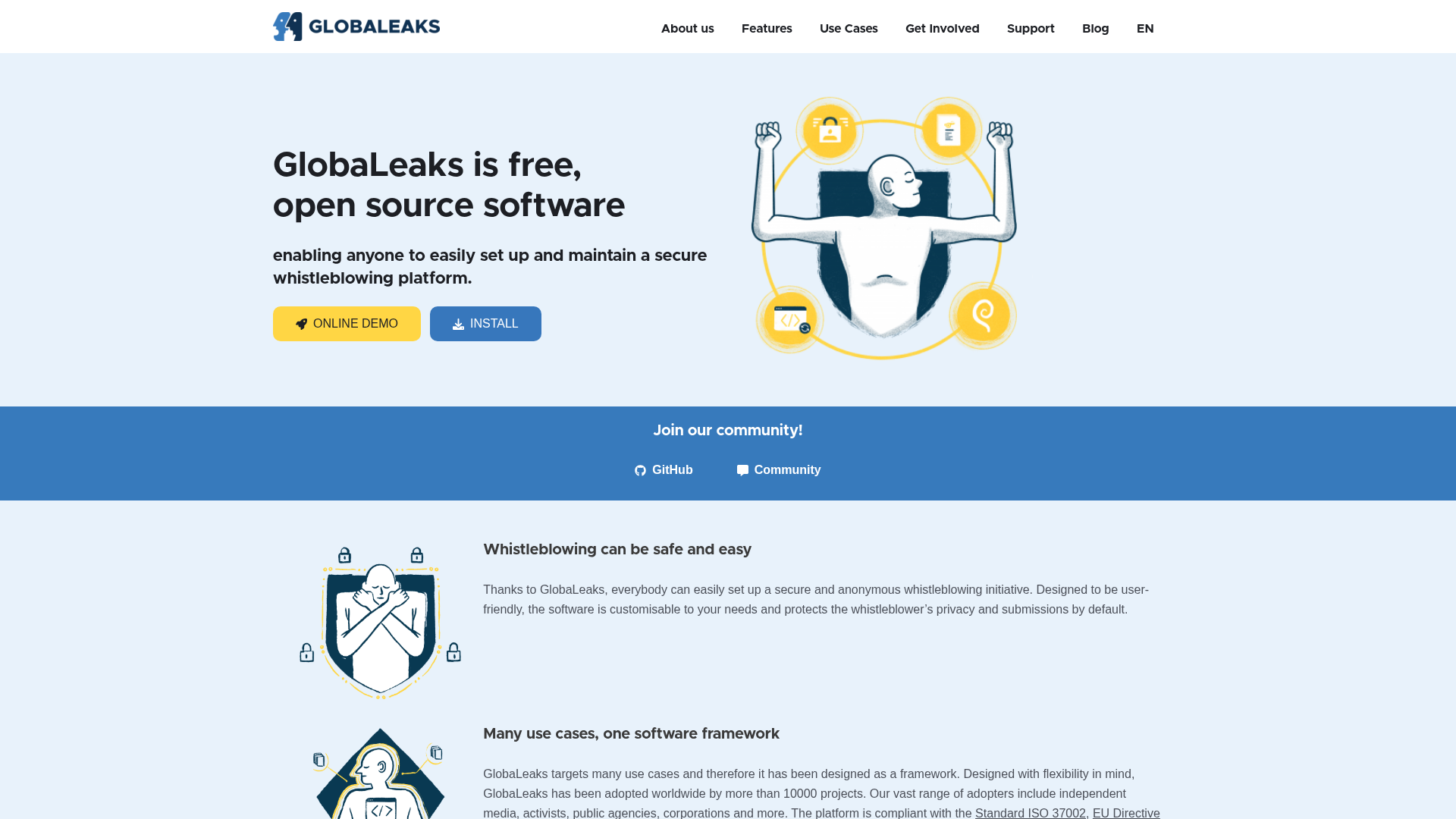 GlobaLeaks is free and open-source software organisations host on their own servers The GlobaLeaks homepage shown in a desktop browser at HD resolution