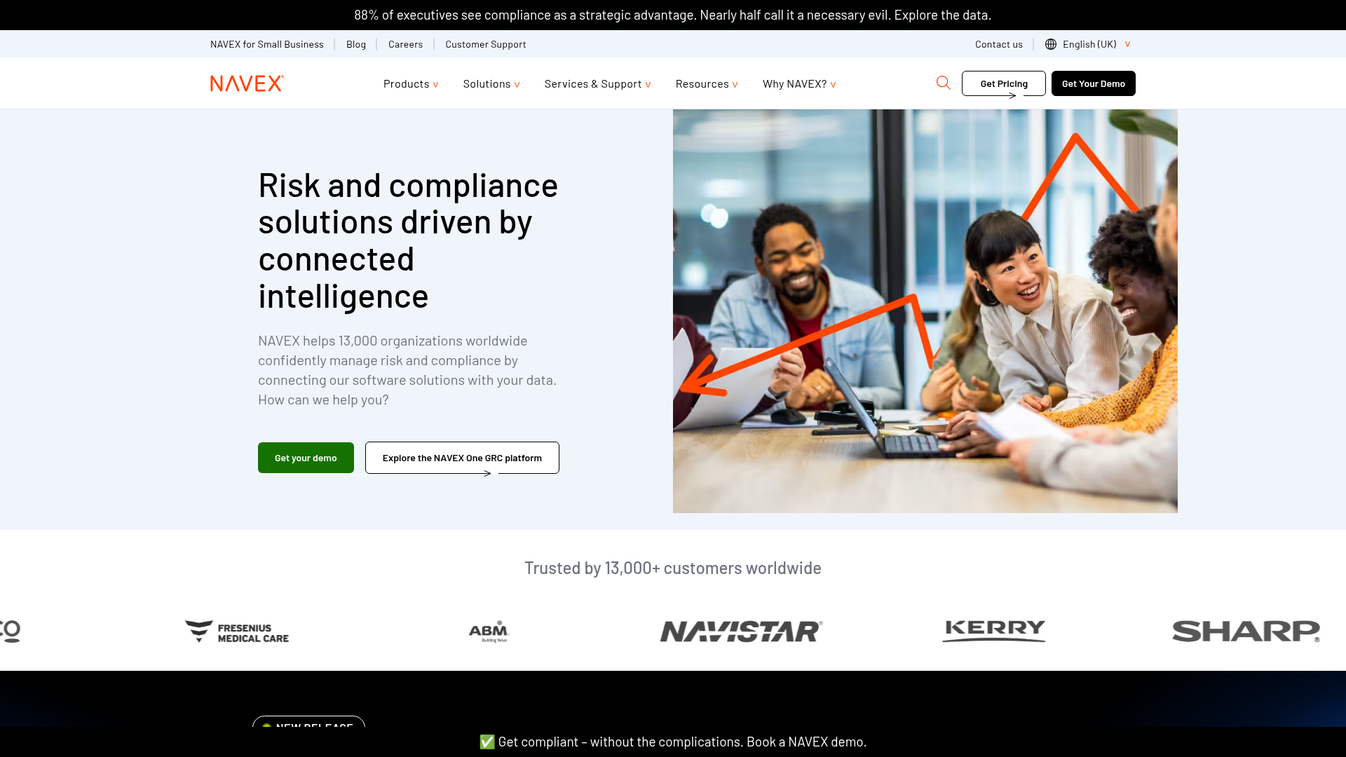 NAVEX positions itself as an integrated risk and compliance suite for large organisations The NAVEX homepage shown in a desktop browser at HD resolution