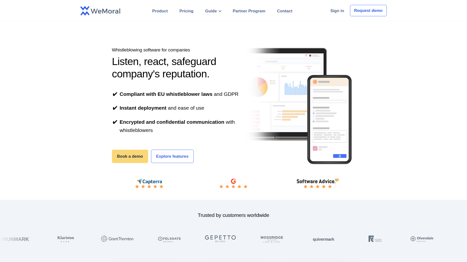 WeMoral targets EU mid-market companies with published pricing and same-day deployment The WeMoral homepage shown in a desktop browser at HD resolution