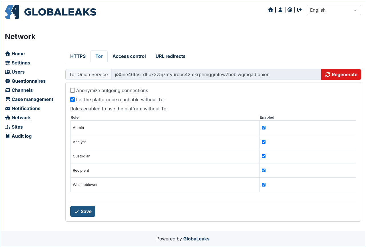 Admin panel for configuring Tor onion service network access