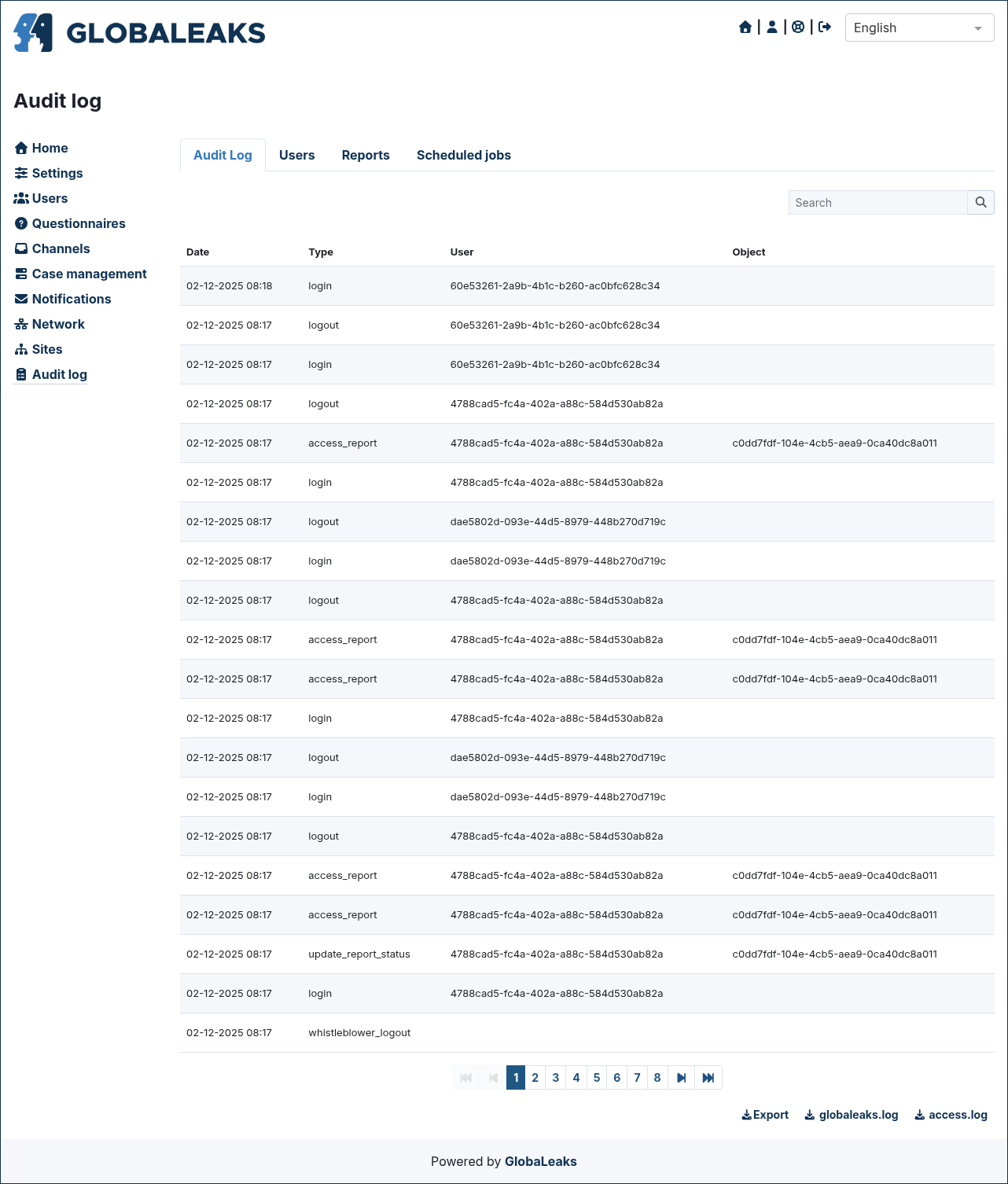 Admin audit log view showing a chronological list of system events with columns for date, type, user, and event details.