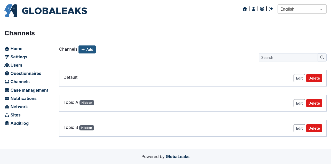 Admin panel for managing intake channels with options to add reporting channels, configure receivers, and define classification labels.