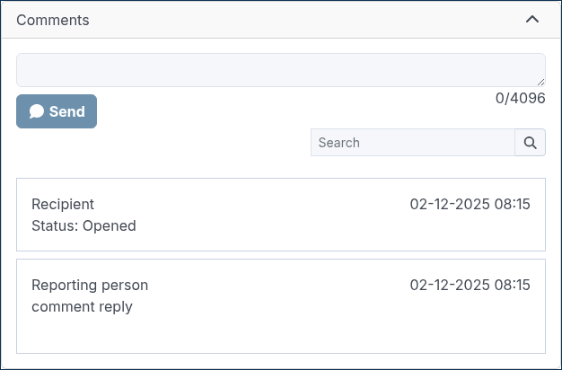 Recipient view of the comments tab on a report, showing a threaded message exchange between the recipient and an anonymous reporter.