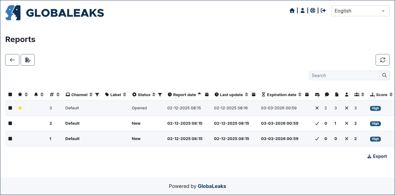 Recipient dashboard listing existing reports with columns for status, channel, label, report date, last update, and expiration date, plus a keyword search bar.